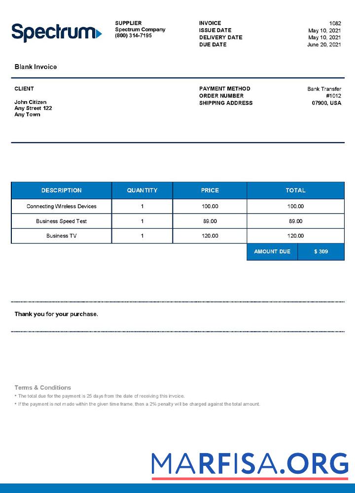 Blank USA Spectrum invoice real example